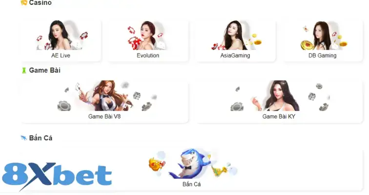 Live casino experience on 8xbet, where players can engage with real dealers in games like AE Live, Evolution, Asia Gaming and Fish shoot, enjoying a realistic and interactive casino atmosphere.